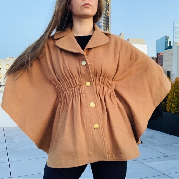 Aqua Camel Wool Bat Wing Ruffled Pea Coat Poncho - Picture 5 of 16